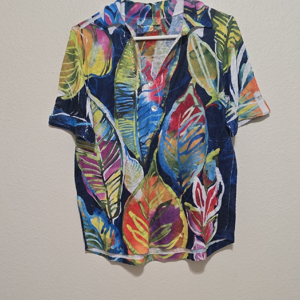 Impulse‎ Of California Colorful Leaf Print Women's Artsy Blouse S